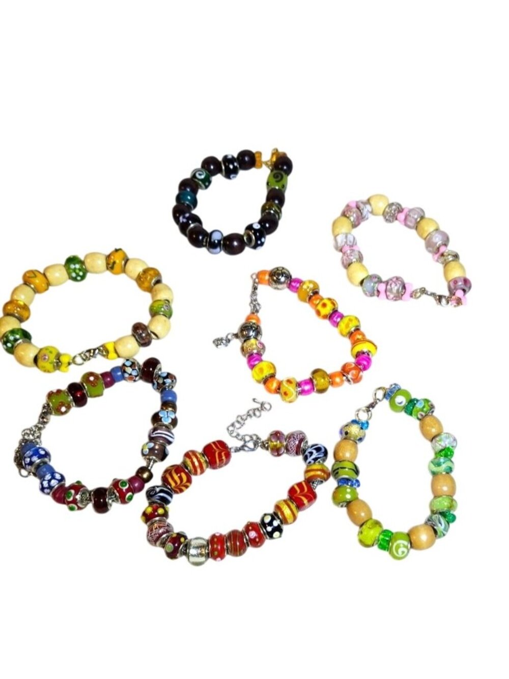 Murano Style Glass Bead Bracelets Set Of 7 925 Sterling Silver 7 & 8 Inches Mu - Picture 4 of 16